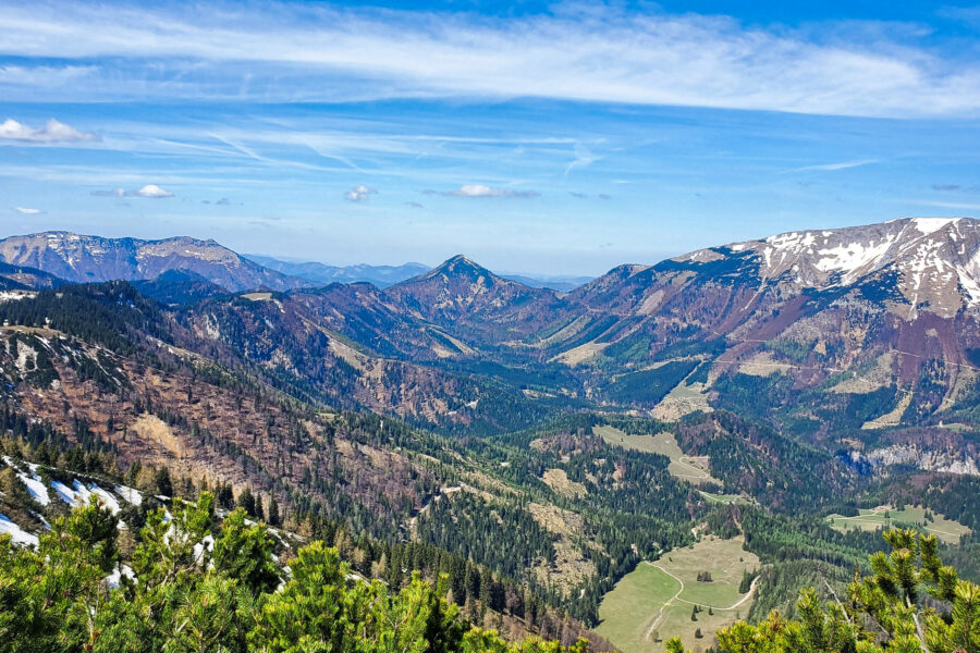 Panorama über den Ötscher und dem Gipfelkreuz der Gemeindealpe. Foto: Linda Prähauser
