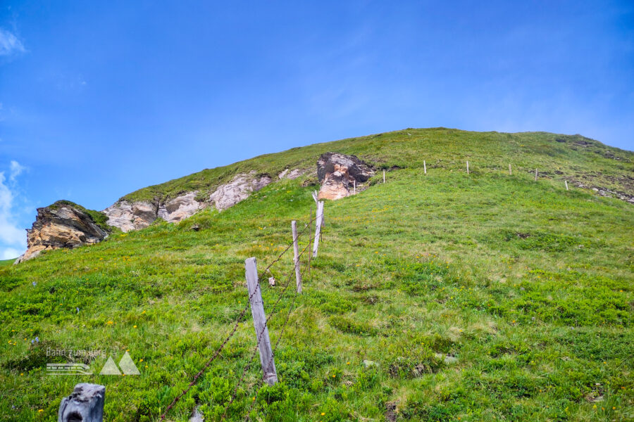 Rückblick auf die schwierigste Stelle– rechts am Felsen vorbei führt das Steiglein. Foto: Karl Plohovich