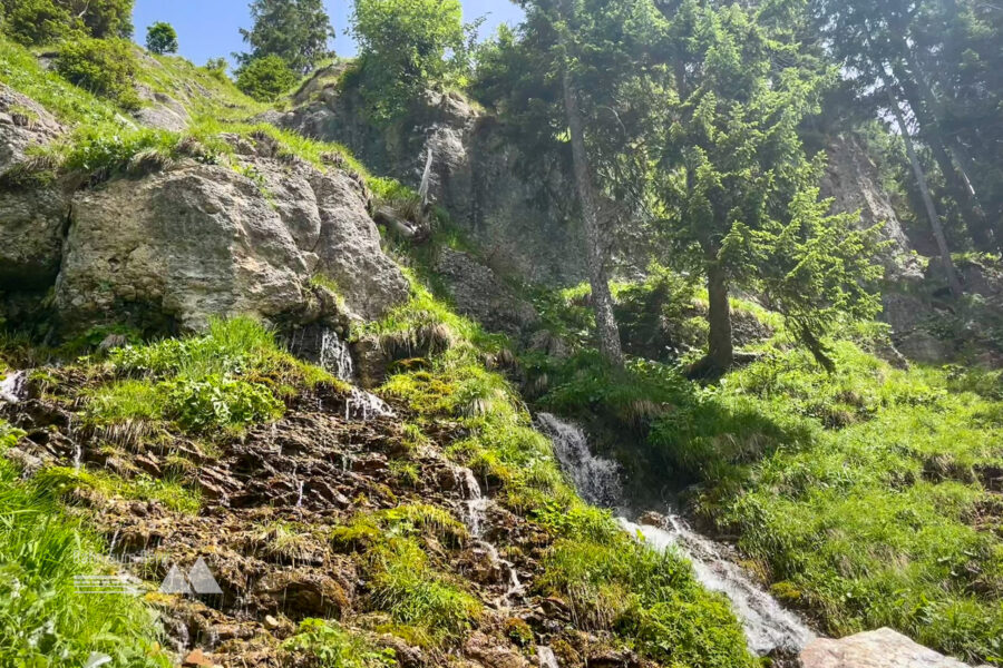 Wir überqueren einen kleinen Wasserfall an der Kälber Alm. Foto: Fabian Lindner, POW DE